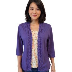 Coldwater Creek Purple Ruffled Front 3/4 sleeves open front cardigan medium